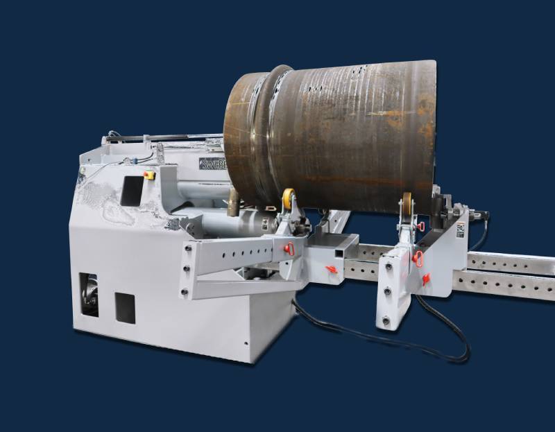 SweBend JM-140 joggling machine with a heavy-wall steel cylinder showing rolled circumferential stiffening grooves