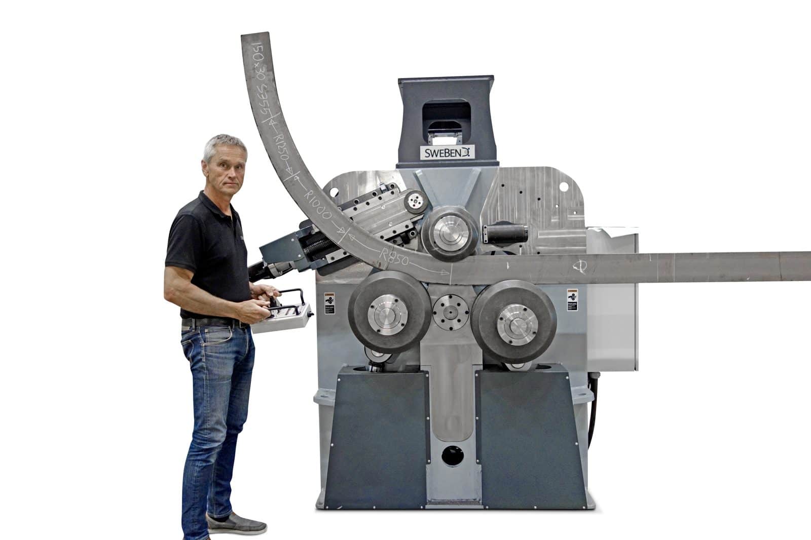 SweBend SB3X-140 section bending machine run from the Wireless Bluetooth Control while spiraling a 150 x 30 mm S355 flat bar